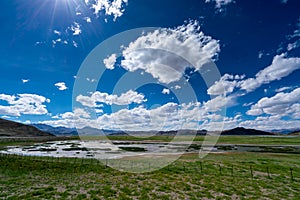 Beautiful scenery of Pangong Tso lake with  blue sky  white clouds in China side