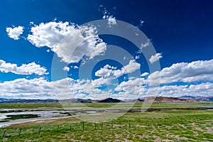 Beautiful scenery of Pangong Tso lake with  blue sky  white clouds in China side