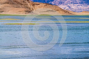 Beautiful scenery of Pangong Tso lake with  blue sky  white clouds in China side