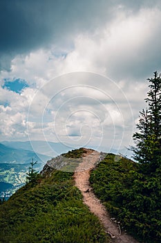 Beautiful scenery of a pathway on a hill surrounded by greenery under a cloudy sky