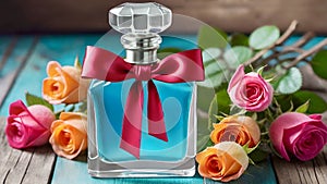 Beautiful scenery with a perfume bottle and fresh roses on wooden background