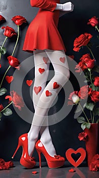 Beautiful scenery with a womanâs legs wearing white tights and fresh roses on a dark background photo