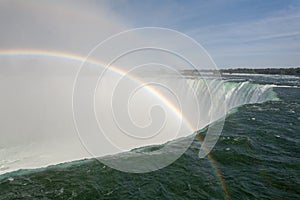 Beautiful scenery of a rainbow over the Horseshoe Falls in Canada