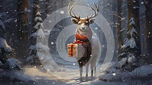 raindeer and gifts in the winter wallpaper for christmas festivel card by Generative AI photo