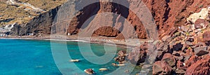 Beautiful scenery of red sand beach in Akrotiri village on Santorini, Greece