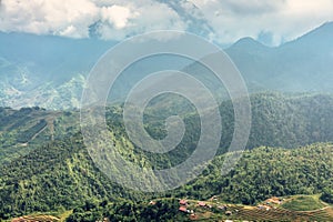 Beautiful scenery. Rice field terraces. Mountain view in the clouds.