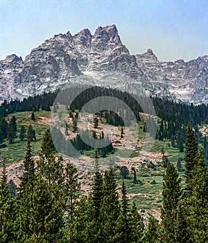 Beautiful scenery of rocky mountains and spruce trees at the Grand Teton National Park in Wyoming
