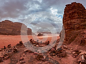 Beautiful Scenery Scenic Panoramic View Red Sand Desert and Ancient Sandstone Mountains Landscape in Wadi Rum, Jordan