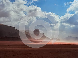 Beautiful Scenery Scenic Panoramic View Red Sand Desert and Ancient Sandstone Mountains Landscape in Wadi Rum, Jordan during a San