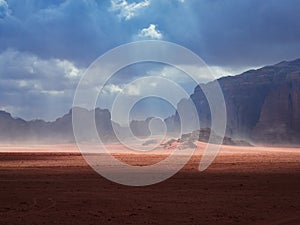 Beautiful Scenery Scenic Panoramic View Red Sand Desert and Ancient Sandstone Mountains Landscape in Wadi Rum, Jordan during a San