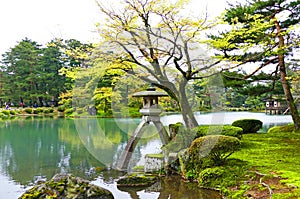 Scenic Traditional Japanese Garden Kenrokuen in Kanazawa, Japan in Summer