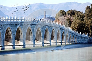 The beautiful scenery of the Seventeen-hole Bridge in the Summer Palace in winter.