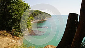 Beautiful scenery of the treed cliff beside the azure waters of the black sea in the daytime under the sunshine. Tuapse, Russia.