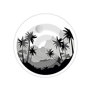 Beautiful scenery with tropical trees, mountains and sun, monochrome landscape in geometric round shape design vector