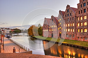 Beautiful scenery and waterways at night in Lubeck