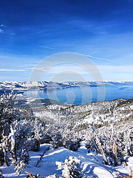 Beautiful scenery of a winter landscape with a lake and a forest covered in white snow