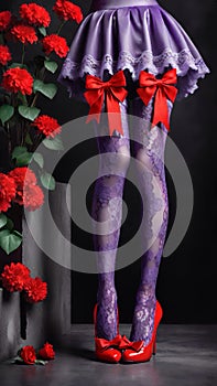 Beautiful scenery with a woman’s legs wearing purple tights and fresh roses on a dark background