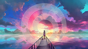 beautiful scenery of the woman standing alone on a wooden pier looking at colorful clouds in the sky, digital art style,