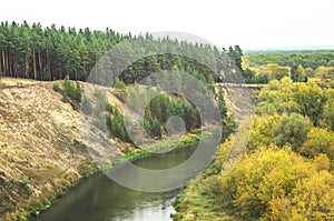 Scenic autumn winding valley Hoper river. Picturesque nature floodplain, sandy cliff edge background Aerial view