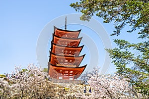 Beautiful scenic of five-storied pagoda in Miyajima Island, HIroshima, Japan