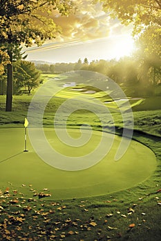 Beautiful scenic golf putting green of a luxurious golf course with room for text or copy space