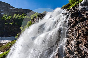 Beautiful scenic landscape of Imeretinskiy waterfall in Caucasus mountains, Karachai-Cherkess Republic. Imeretinka river waterfall