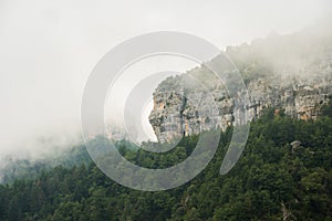 Beautiful scenic landscape view on a foggy day in Ordesa and monte Perdido National Park, Spain, Europe