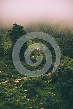 beautiful scenic mountain landscape in fog, Indian Himalayas,