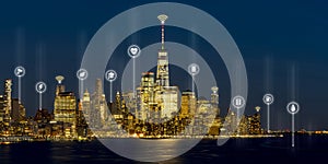 Beautiful scenic night view of new york, manhattan, usa in smart city service icon, internet of things, network technology concept