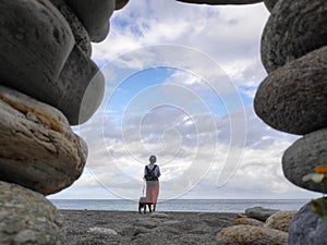 Beautiful scenic of ocean with sprawling stone covered beach at Qixingtan beach recreation area in Hualien city, Taiwan