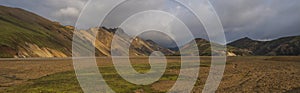 Beautiful scenic panorama of colorful volcanic mountains in Landmannalaugar camp site area of Fjallabak Nature Reserve