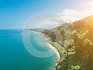 Beautiful Scenic Summer View From Botanical Garden Of Sea Bay And Railroad On Coast.