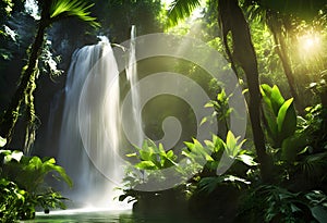 a beautiful scenic sunny jungle forest landscape waterfall mountain paradise green tropical water travel nature vacation fall