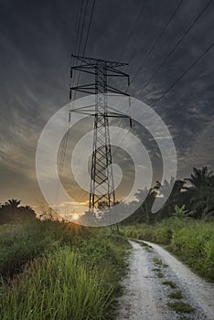 Beautiful scenic sunrise along the dirt pathway