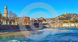 Beautiful scenic view of Adige River and Ponte Pietra bridge Verona