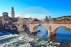 Beautiful scenic view of Adige River and Ponte Pietra bridge Verona