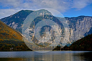 Beautiful scenic view of Austrian alps. Hallstatt mountain village at Hallstatt lake. Sunny day lake view on Hallstatt alps