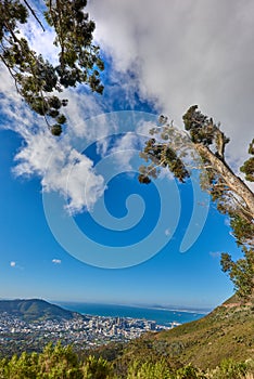 Beautiful scenic view of a coastal city from a mountain peak with trees and plants against a cloudy blue sky background