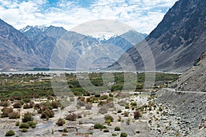 Beautiful scenic view from Between Diskit and Khardung La Pass 5359m in Nubra Valley, Ladakh,