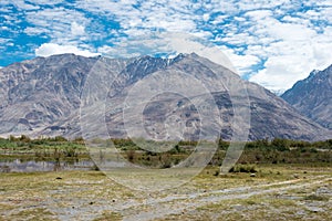 Beautiful scenic view from Between Diskit and Khardung La Pass 5359m in Nubra Valley, Ladakh,