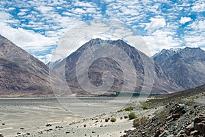 Beautiful scenic view from Between Diskit and Khardung La Pass 5359m in Nubra Valley, Ladakh,