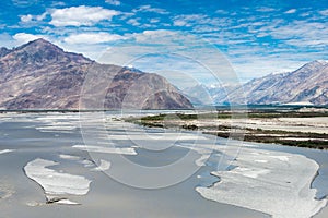 Beautiful scenic view from Between Diskit and Khardung La Pass 5359m in Nubra Valley, Ladakh,