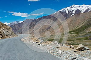 Beautiful scenic view from Between Diskit and Khardung La Pass 5359m in Nubra Valley, Ladakh, Jammu and Kashmir, India