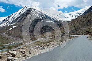 Beautiful scenic view from Between Diskit and Khardung La Pass 5359m in Nubra Valley, Ladakh, Jammu and Kashmir, India