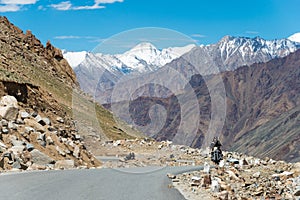 Beautiful scenic view from Between Diskit and Khardung La Pass 5359m in Nubra Valley, Ladakh, Jammu and Kashmir, India