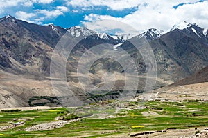 Beautiful scenic view from Between Diskit and Khardung La Pass 5359m in Nubra Valley, Ladakh, Jammu and Kashmir, India