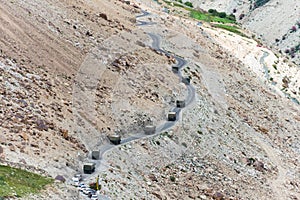 Beautiful scenic view from Between Diskit and Khardung La Pass 5359m in Nubra Valley, Ladakh, Jammu and Kashmir, India