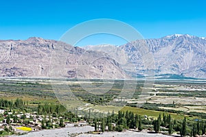 Beautiful scenic view from Diskit monastery in Ladakh, Jammu and Kashmir, India