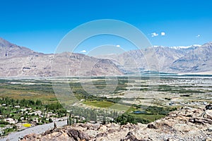 Beautiful scenic view from Diskit monastery in Ladakh, Jammu and Kashmir, India