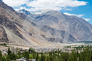 Beautiful scenic view from Diskit monastery in Ladakh, Jammu and Kashmir, India